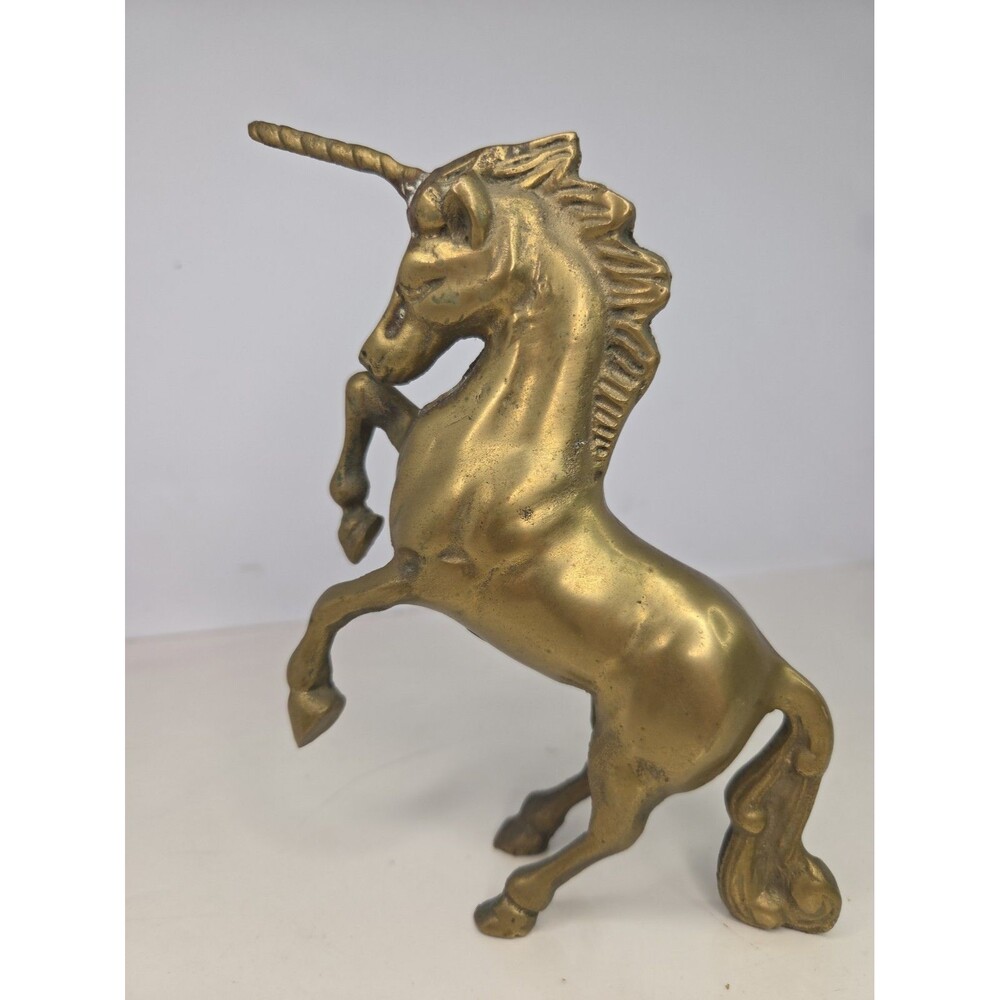 Vintage Solid Brass Heavy Rearing Unicorn Figurine Paperweight 7” Statue Decor